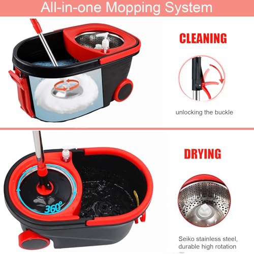 Spin Mop and Bucket with Wringer Set on Wheels,360° Spinning Mop Bucket System for Floor Cleaning, Mop and Bucket Set with 3 Microfiber Mop Replacement Heads and 61" Stainless Steel Adjustable Handle - color: Black Red