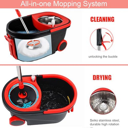 Spin Mop and Bucket with Wringer Set on Wheels,360° Spinning Mop Bucket System for Floor Cleaning, Mop and Bucket Set with 3 Microfiber Mop Replacement Heads and 61" Stainless Steel Adjustable Handle - color: Black Red