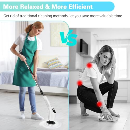 Electric Spin Scrubber, Waterproof Cordless Shower Cleaning Brush with Replaceable Brush Heads and Adjustable Extension Handle 2 Speeds for Bathtub Kitchen Wall Cleaning