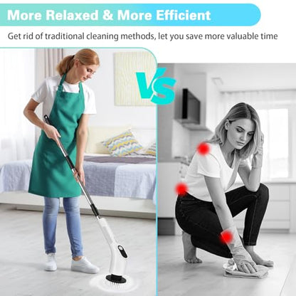 Electric Spin Scrubber, Waterproof Cordless Shower Cleaning Brush with Replaceable Brush Heads and Adjustable Extension Handle 2 Speeds for Bathtub Kitchen Wall Cleaning