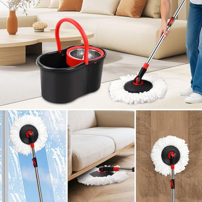 Spin Mop and Bucket, Mop and Bucket with Wringer Set for Home, 360 Spinning Mop Bucket Floor Cleaning Tool with 1 Microfiber Mop Replacement Head,50" Stainless Steel Handle (Black-Includes 1 mop) - color: Black-includes 1 Mop