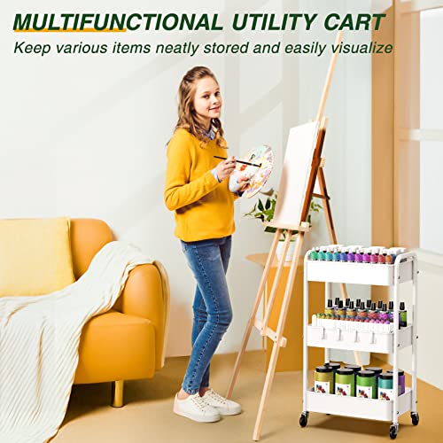 LEHOM 3 Tier Rolling Cart, Metal Rolling Utility Cart with Lockable Wheels & Hooks, Multi-Functional Heavy Duty Storage Cart Organizer for Bathroom, Kitchen, Office, Living Room - color: White