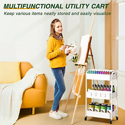 LEHOM 3 Tier Rolling Cart, Metal Rolling Utility Cart with Lockable Wheels & Hooks, Multi-Functional Heavy Duty Storage Cart Organizer for Bathroom, Kitchen, Office, Living Room - color: White