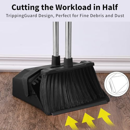 Tiumso 3-Pack Upright Broom with Dustpan Combo Set, Commercial Broom and Dustpan Set, Industrial Brooms and Dust Pan with Long Handle for Restaurant Kitchen Shop Warehouse Lobby Garage - Black - color: All Black