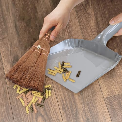Small Metal Dust Pan and Brush for Fireplace, Garage, Shop, 9" Wide | Heavy duty dustpan for outdoor indoor camping rv, Natural soft hand broom for bench counter woodworking woodstove anti-static - style: Metal Dustpan