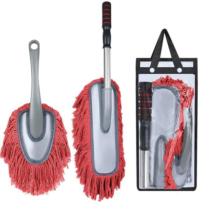 IPELY 2 Pack Large Car Duster Exterior Scratch Free with Extendable Handle and Car Duster Interior, Wax Cotton Hair Dusters (Red)