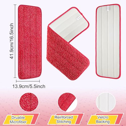 16.5 inch Reusable Mop Pads Microfiber Spray Mop Replacement Heads for Wet/Dry Mops Compatible with Bona Floor Care System (5 Pack) - color: Red