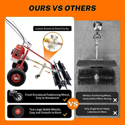Bepritm Gas Power Broom 43cc 1.7 HP, 2-Stroke Walk Behind Hand Snow Sweeper, Gas Power Lawn Sweeper Broom for Artificial Turf Grass Gravel, Snow Cleaning, Road, Heavy Duty