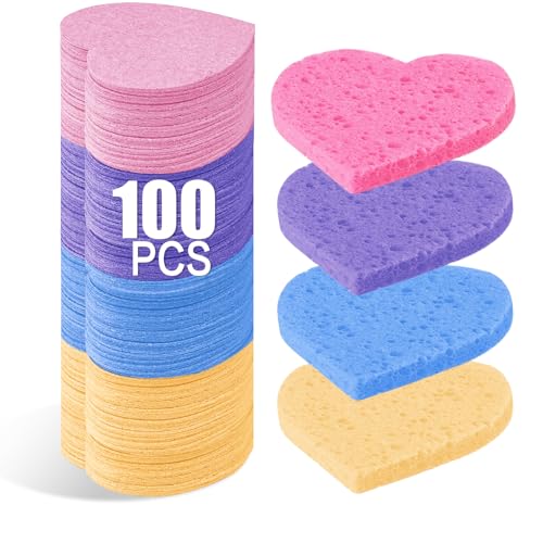 100-Count Compressed Facial Sponges for Estheticians Heart Shape Natural Cellulose Sponge Professional Cosmetic Spa Sponges for Face Cleansing, Massage, Pore Exfoliating, Mask, Makeup Removal, Mixed - color: 100- Pack Mixed