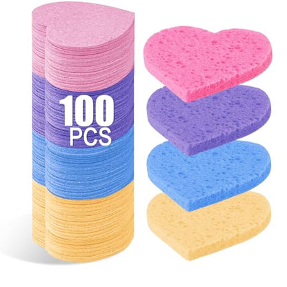 100-Count Compressed Facial Sponges for Estheticians Heart Shape Natural Cellulose Sponge Professional Cosmetic Spa Sponges for Face Cleansing, Massage, Pore Exfoliating, Mask, Makeup Removal, Mixed - color: 100- Pack Mixed