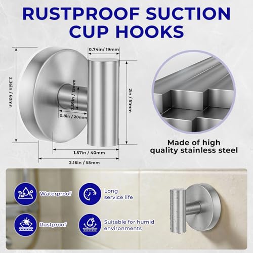 Suction Cup Hooks for Shower Heavy Duty, Shower Hooks No Drill, Shower Hooks for Inside Shower Stainless Steel, Suction Hooks for Window, Glass, Tile, Wall, Loofah, Bath Robe, Wreath, Silver 4 Pack - color: Silver