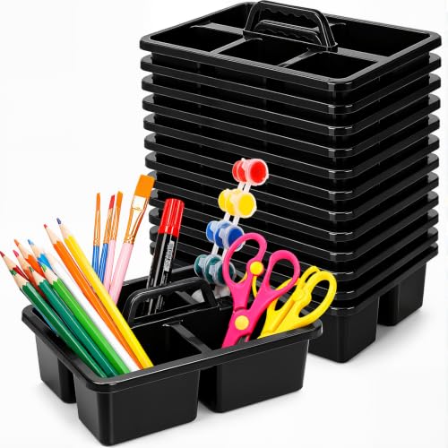 WILLBOND 12 Pcs Classroom Caddy with Handle Bulk Plastic Storage Caddy Organizer with 5 Compartment Portable Storage Bin for Pencil, Pen, Crayon, Marker, Home, Office, School Supply(Black) - color: Black