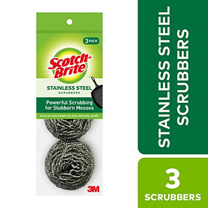 Scotch-Brite Stainless Steel Scrubber for Cleaning Kitchen, Household, and Dishes - 3 Scrubbers (Pack of 2)