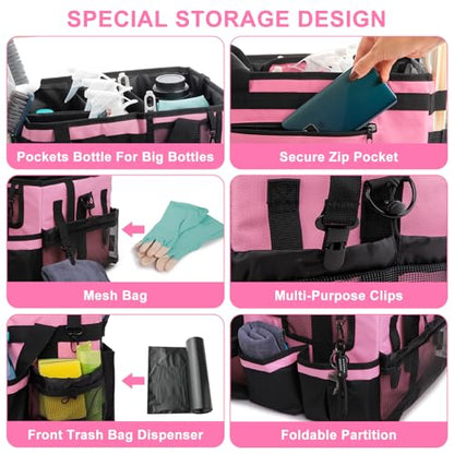 Large Cleaning Caddy Bag with Built-in Support Board, Wearable Cleaning Supplies Organizer with Adjustable Shoulder Strap & Waist Belt, Waterproof Heavy Duty Tote for Housekeepers Car Detailing - color: Black-Pink