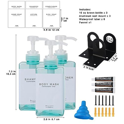 Refillable Shampoo and Conditioner Bottles for Shower Wall,Shampoo and Conditioner Dispenser with Pump No Drill (3 Bottles 3 Wall Mounts-Teal) - color: 3 Bottles 3 Wall Mounts-teal