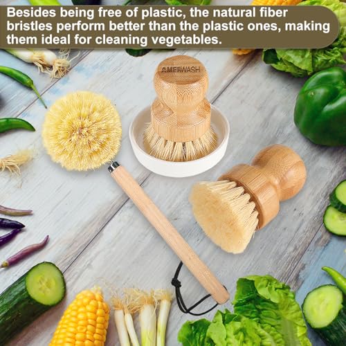 Wooden Dish Brush Set Clean Pots, Pans and Vegetable, Natural Bristles Bamboo Scrub Brushes with Ceramic Dish - 1 Long Handle Dish Brush + 2 Palm Scrubbing Brush - size: 4 Piece Brush Set with Holder