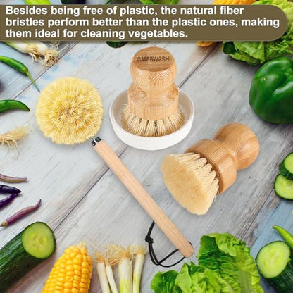 Wooden Dish Brush Set Clean Pots, Pans and Vegetable, Natural Bristles Bamboo Scrub Brushes with Ceramic Dish - 1 Long Handle Dish Brush + 2 Palm Scrubbing Brush - size: 4 Piece Brush Set with Holder
