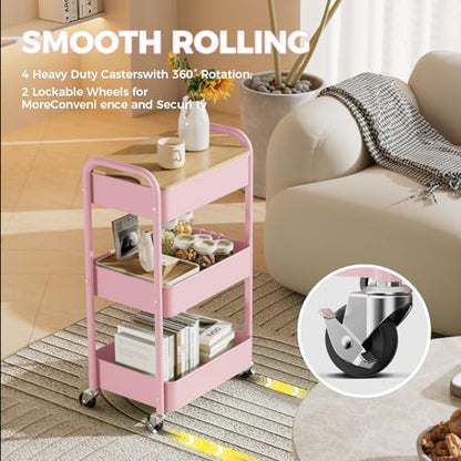 3 Tier Rolling Cart with Table top, Metal Rolling Utility Cart, Sturdy Storage Organizer Cart with Locking Wheels & Hooks for Office, Classroom, Kitchen and Bathroom，Pink - color: Pink