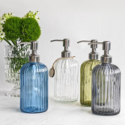 JASAI 18Oz Navy Blue Glass Soap Dispenser for Kitchen & Bathroom, Refillable Kitchen soap Dispenser with Vertical Stripe, Bathroom Soap Dispenser for Dispense Hand soap& Dish Soap. - color: Navy Blue