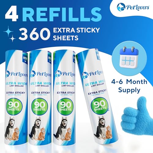 PetLovers Extra Sticky Floor Lint Roller 4 Pack of Refills Only - No Handles Included - 90 Sheets Per Refill 360 Sheets Total - size: 4 Pack Floor Roller Refills