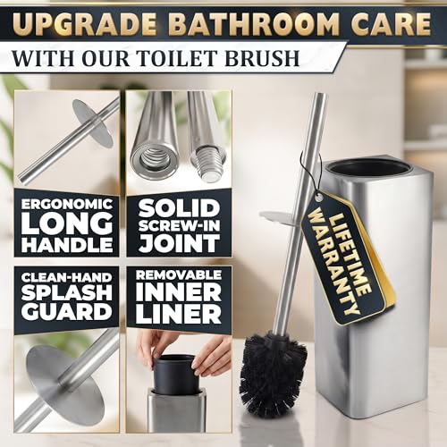 Silver Toilet Brush and Holder Set - Upgrade Your Bathroom in Seconds - Stainless Steel Toilet Bowl Brush and Holder with 2 Rounded Corners, Replaceable Head, Removable Inner Bowl & Splash Guard Cover - color: Silver Squircle