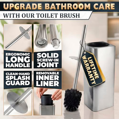 Silver Toilet Brush and Holder Set - Upgrade Your Bathroom in Seconds - Stainless Steel Toilet Bowl Brush and Holder with 2 Rounded Corners, Replaceable Head, Removable Inner Bowl & Splash Guard Cover - color: Silver Squircle