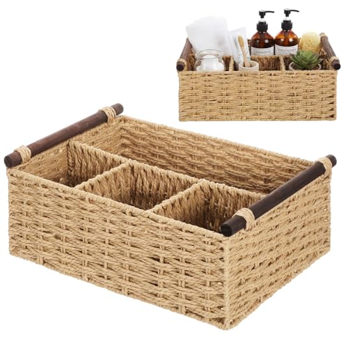 Remerry Beige Bathroom Countertop Organizer Caddy, Wicker-Like Divided Basket with Handle and Metal Frame, 4 Compartment, Paper Rope Storage Organizer for Vanity Kitchen (10.24 x 7.87 x 3.94 in) - color: Beige, size: 10.2" x 7.9" x 3.9"