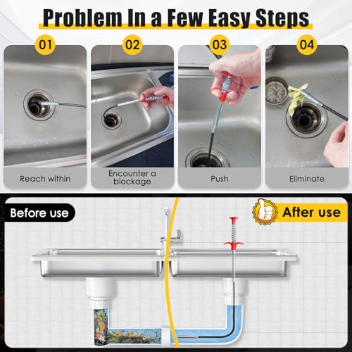 Drain Snake, 2 Pcs Drain Clog Remover(63 In And 35.5In), Upgraded Sink Drain Cleaner, Flexible Plumbing Snake With 4 Claws, Snake Drain Hair Removal Tool, Toilet Snake Drain Clog Remover
