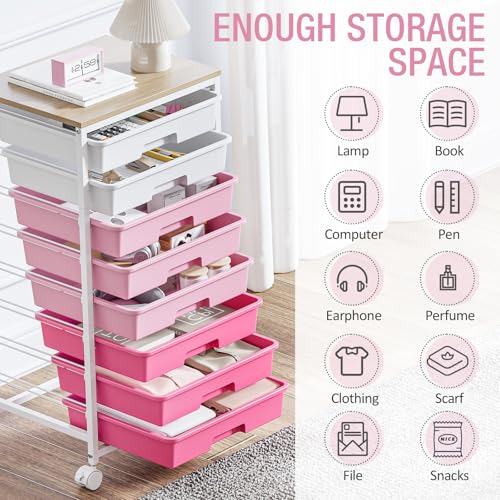 Rolling Cart with Drawers, Pink Cart with 8 Plastic Drawer Storage and Wooden Tabletop, Craft Storage, Teacher Cart, Storage Cart on Wheels, Rose Pink - color: Rose Pink
