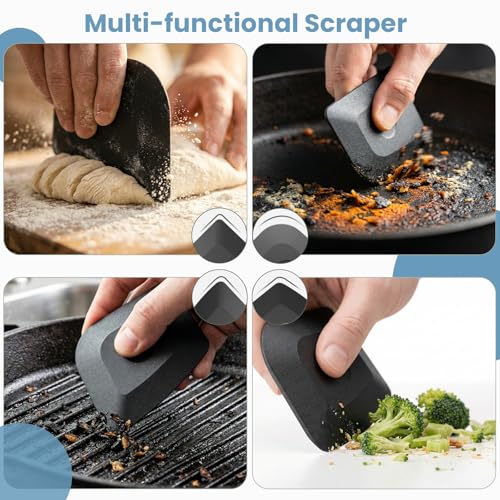 Cast Iron Scrubber with Long Handle | 316 Cast Iron Cleaner Chainmail Scrubber for Pan Skillet Cleaner - Dish Scouring Pad Dishwasher Safe Cleaning Kit (Grey, 1 Scrubber + 1 Scraper) - color: Grey, 1 Scrubber + 1 Scraper