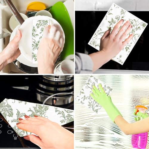 Swedish Dishcloths for Kitchen, 6PCS Sage Green Floral Birds Cellulose Sponge Reusable Paper Towels Washable, Greenery Absorbent Fast Drying Swedish Dish Cloth for Home Cleaning - style: Green Flower