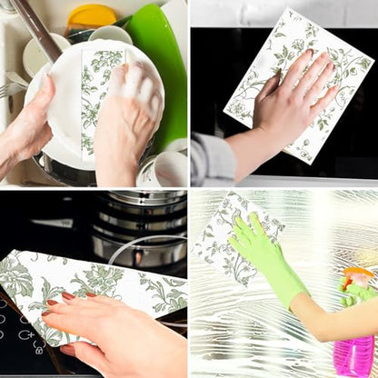 Swedish Dishcloths for Kitchen, 6PCS Sage Green Floral Birds Cellulose Sponge Reusable Paper Towels Washable, Greenery Absorbent Fast Drying Swedish Dish Cloth for Home Cleaning - style: Green Flower