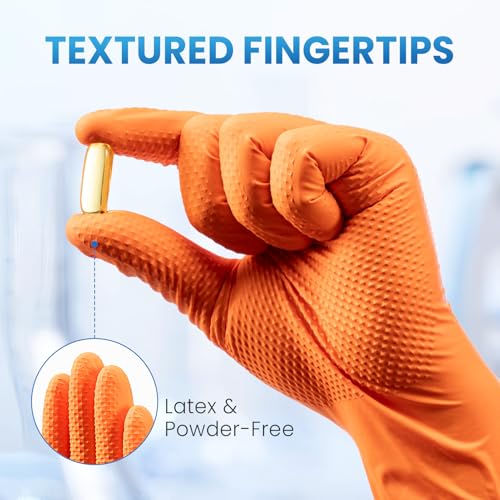 Borje Orange 8 Mil Nitrile Disposable Gloves, Heavy-Duty Mechanic Gloves, 100 Count, Large, Latex & Powder Free with Raised Diamond Texture, Industrial, Automotive, Gardening - size: Large, style: Orange of 100