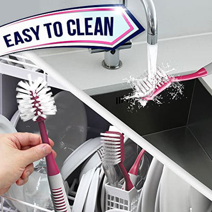 Dish Brush Set of 4 - Kitchen Scrub Brushes with Non-Slip Long Handle for Cleaning, Scrubber, Dishwashing, Dishes, Bottles, Straws, Cups, Pots & Sink, Red - color: Red, Set of 4