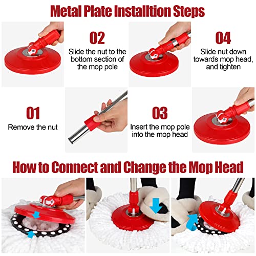 Spin Mop and Bucket with Wringer Set, 360° Spinning Mop Bucket System with 3 Microfiber Mop Replacement Heads and 61" Stainless Steel Adjustable Handle for Floor Cleaning (20QT) - color: Red