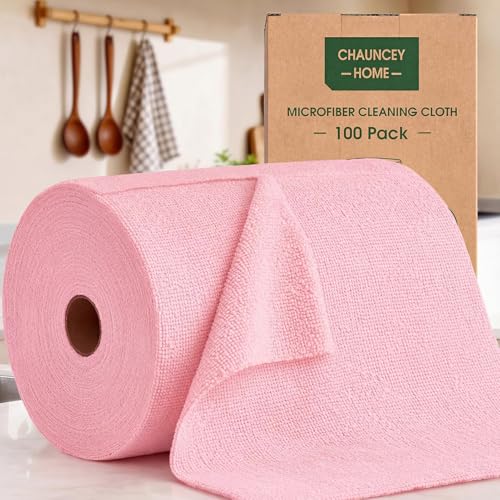 Microfiber Cleaning Cloth Roll - 100 Pack Tear Away Microfiber Paper Towels, Reusable, Washable, Scratch-Free, Kitchen Towels for Car, Home, Kitchen, Glass, Dishes(Pink) - color: Pink