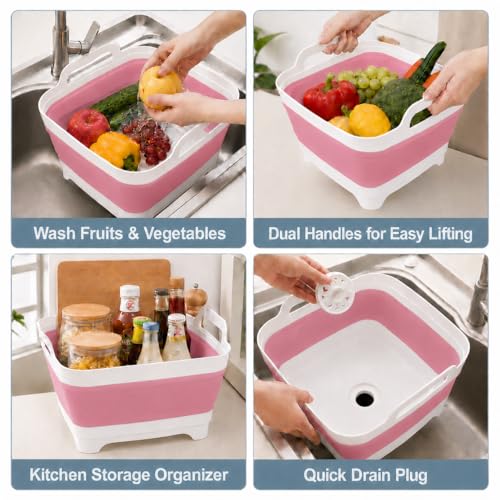 2.4 Gal(9L) Collapsible Dish Basin with Drain Plug, Space Saving Outdoor Multiuse Foldable Sink Tub, Dishpan, Kitchen Storage Tray for Camping, Vegetable Washing, RV (Pink) - color: Pink