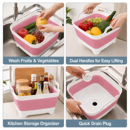 2.4 Gal(9L) Collapsible Dish Basin with Drain Plug, Space Saving Outdoor Multiuse Foldable Sink Tub, Dishpan, Kitchen Storage Tray for Camping, Vegetable Washing, RV (Pink) - color: Pink
