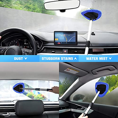 Windshield Cleaning Tool, Car Window Cleaner with Extendable Long Handle and 4 Washable Reusable Microfiber Pads, Auto Interior Exterior Glass Wiper Cleaning Kit Universal for Office and Home (Blue) - color: Blue