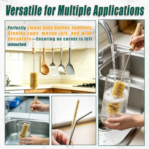 Boar Bristle Bottle Brush Set (4 Pack) - Straw & Water Bottle Cleaner with Long Wooden Handles, Scrubber for Stanley Cups, Tumblers & Jars, 304 Stainless Steel Wire, Kraft Packaging