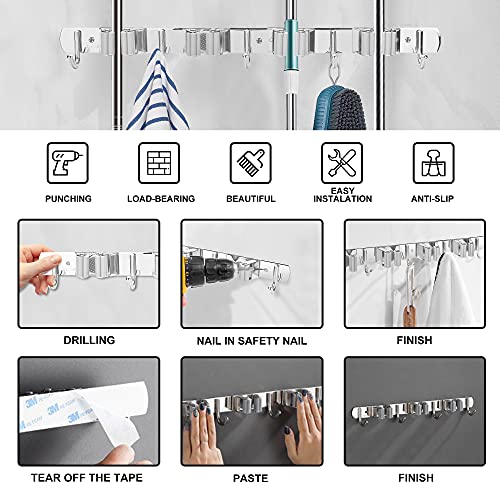 NUHATOP Broom Holder Wall Mount,4 Clips 5 Hooks, Stainless Steel, Mop and Broom Organizer Rack, Non-Slip, Cleaning Tools Storage Hanger for Garage, Laundry Room, Closet Door, Garden, Silver