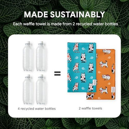 RECYCO Waffle Kitchen Towel Set of 2 - Quick Dry Microfiber Sustainable Dish Towels - Ultra Absorbent Reusable Cleaning Tea Towels - Lightweight Hand Towels,16”x 28”, Cuddly Cats - color: Cuddly Cats