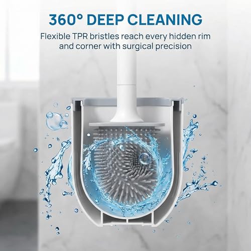 RV Silicone Toilet Brush with Holder, Drill-Free Wall Mounted Toilet Bowl Cleaner, Anti-Drip Anti-Roll Compact Brush for RV Camper & Small Bathroom - color: White