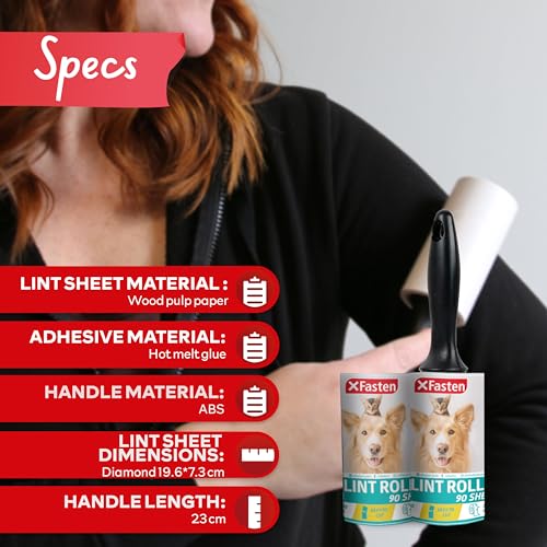 XFasten Pet Hair Lint Rollers for Pet Hair Extra Sticky (180 Sheets/ 2 Lint Roller Refills /1 Pet Hair Roller) Cat and Dog Hair Roller, Sticky Lint Roller for Clothes, Pet Hair Removal Tool - size: 180 Sheets (2 Refills + 1 Handle)
