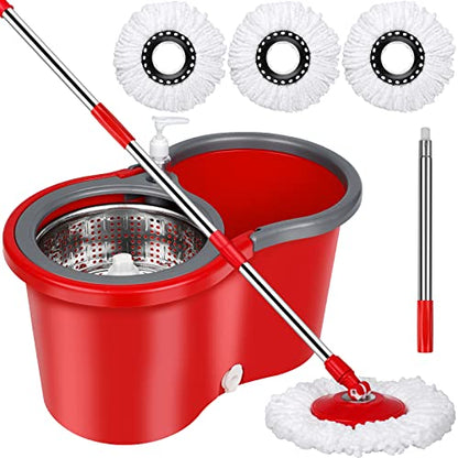 Spin Mop and Bucket Set, 360° Spin Mop and Bucket with Wringer Set and 3 Microfiber Mop Refills, Stainless Steel 61" Extended Handle Spinning Mop Bucket System for Floor Cleaning