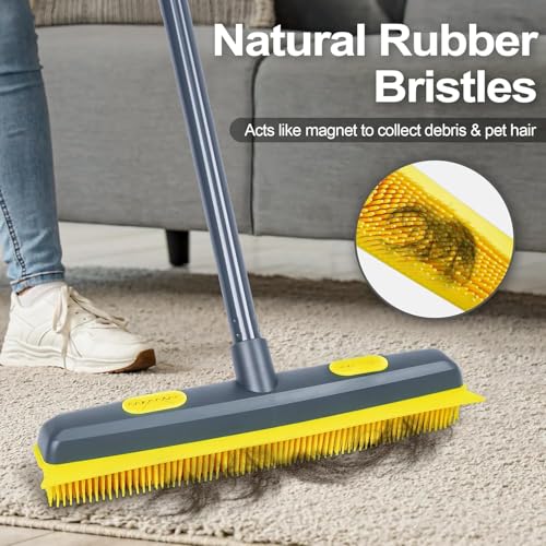 57.5-Inch Extended Handle Rubber Pet Hair Broom - Silicone Carpet Rake with Lint Remover & Built-in Scraper, Perfect for Floor, Tile & Carpet Cleaning