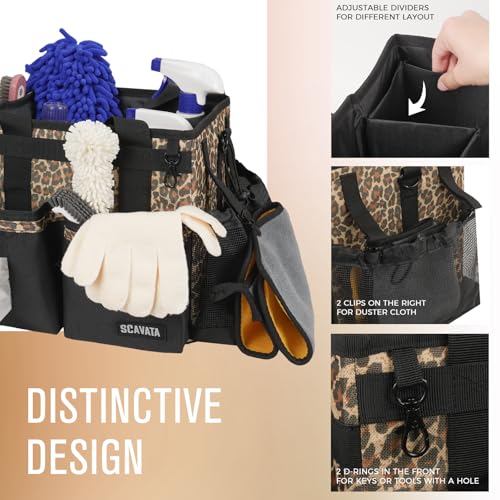 SCAVATA Compact Wearable Cleaning Caddy, Small Cleaning Supplies Organizer with Handle & Shoulder Straps for Housekeepers, under Sink & Car Cleaning Tool Organizers Bag (Leopard) - color: Leopard