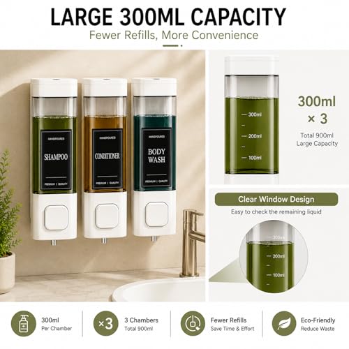 Shampoo and Conditioner Dispenser, Shower Shampoo Dispenser 3 Chamber No Drill, Shampoo and Conditioner Bottles for Bathroom Hotel Large Capacity(White) - color: White