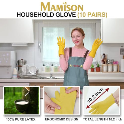 MAMISON 10 Pack Simple and Short Hands Gloves, Reusable Non-Slip Rubber Gloves Large Size - color: Yellow