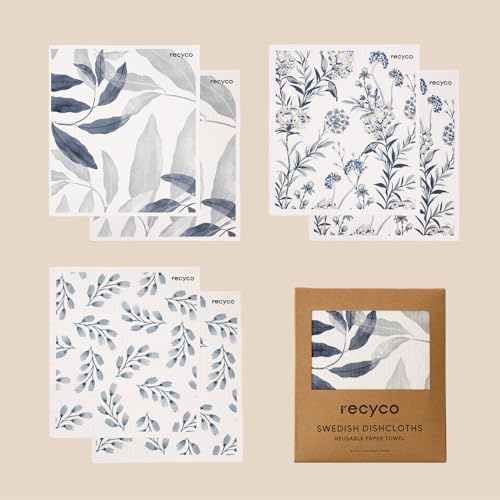 RECYCO Swedish Dishcloths for Kitchen | 6 Pack Foggy Blue Washable Dish Rags | Cellulose Reusable Cleaning Paper Towels | Absorbent Counter Dish Cloth Sponge Kitchen Wipes, 8" L x 7" W - color: Foggy Blue - 6 Pack